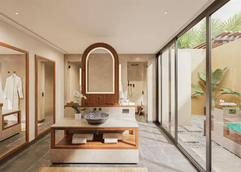 Wellbeing Sanctuary Pool Villa bathroom with garden courtyard at Banyan Tree Mayakoba.