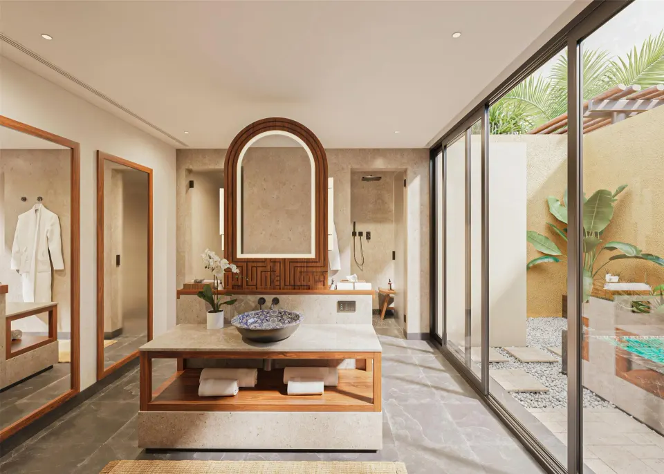 Wellbeing Sanctuary Pool Villa bathroom with garden courtyard at Banyan Tree Mayakoba.