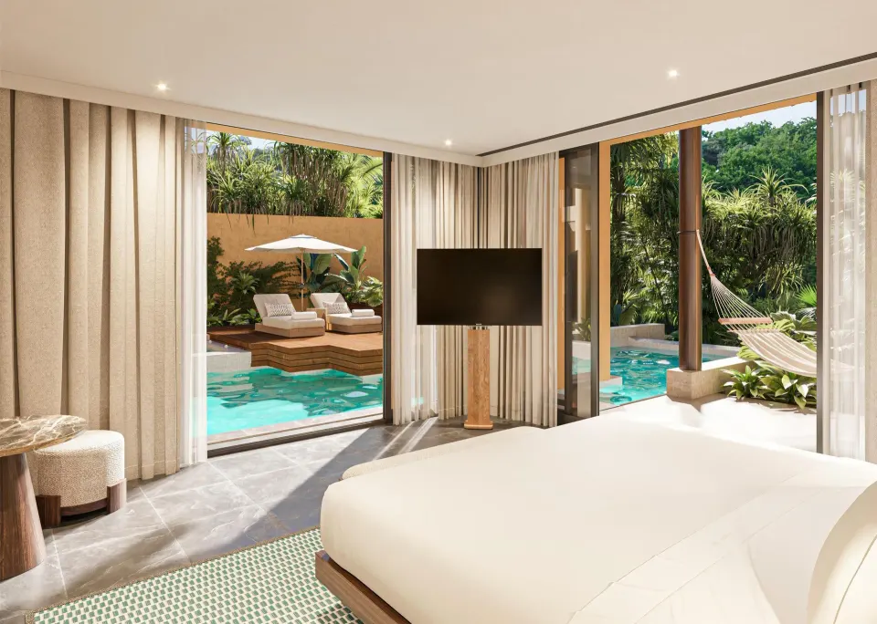 Wellbeing Sanctuary Pool Villa bedroom with pool view at Banyan Tree Mayakoba.