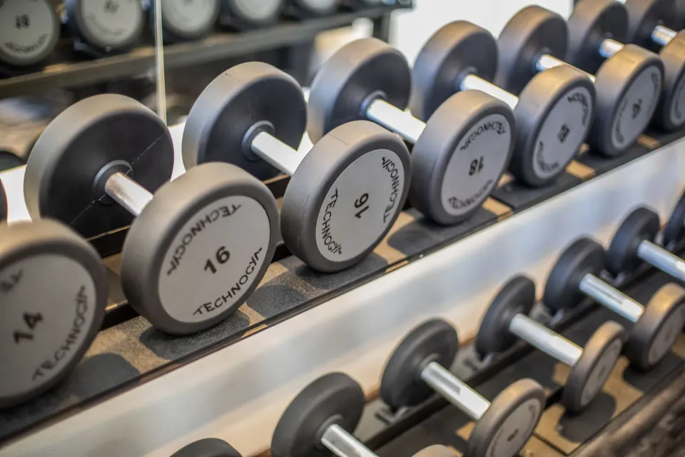Close-up of stacked dumbbells in the fitness area at Baoase Luxury Resort.