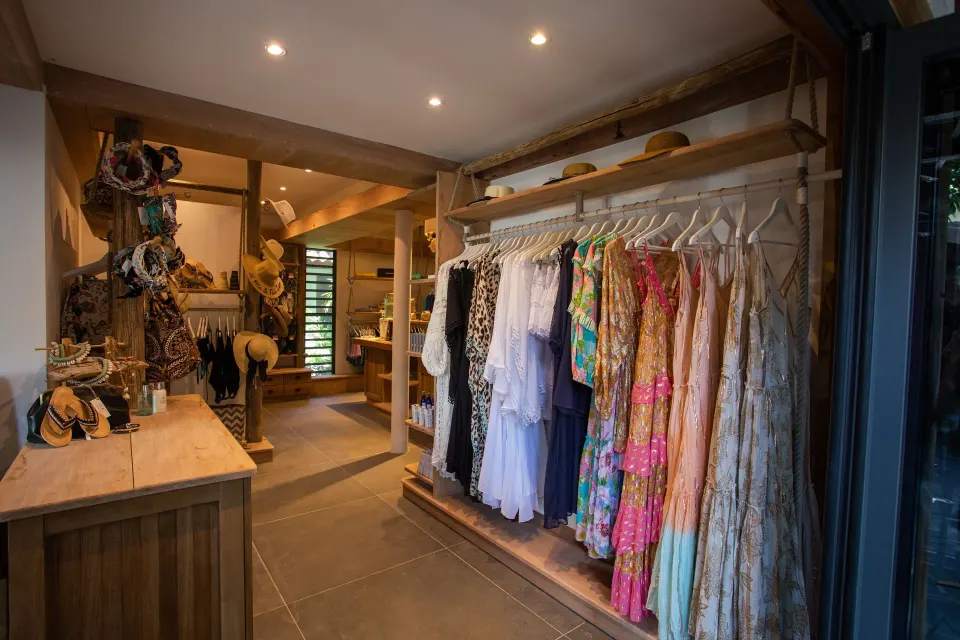Boutique wardrobe with dresses and hats at Baoase Luxury Resort