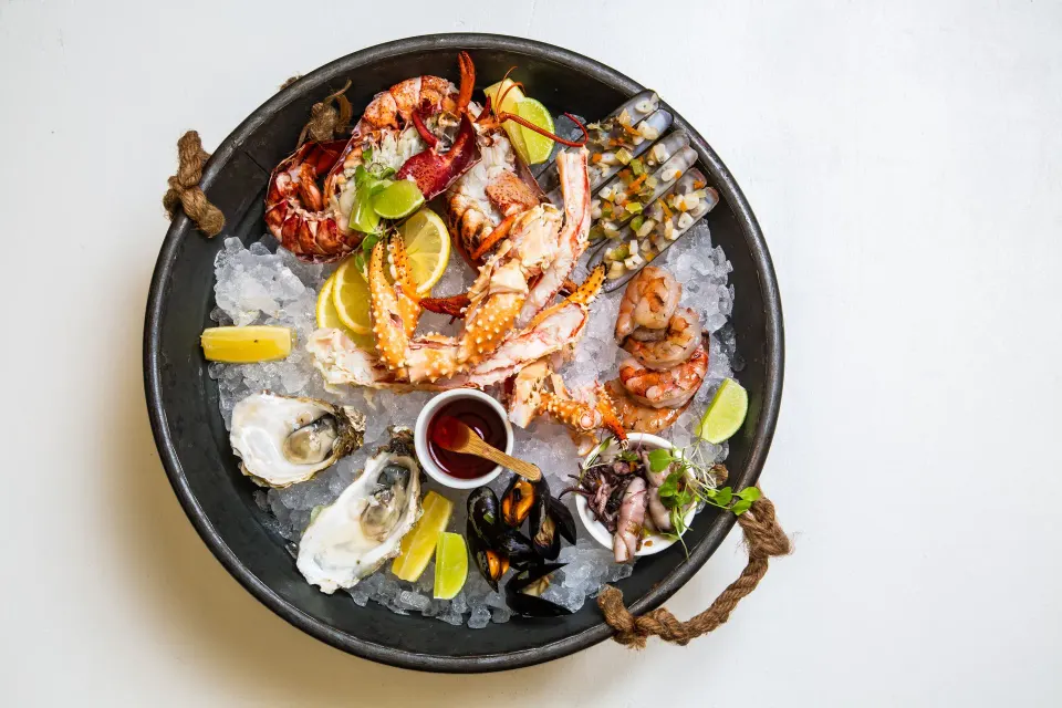 Seafood platter with lobster, oysters and prawns at Baoase Luxury Resort