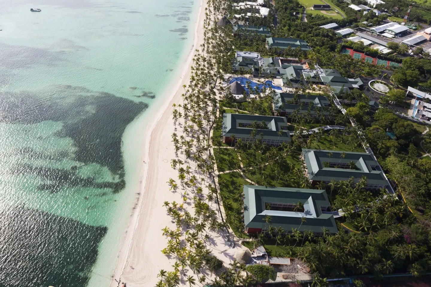 Aerial shoreline view with palms, beach, and resort buildings at Barceló Bávaro Beach.