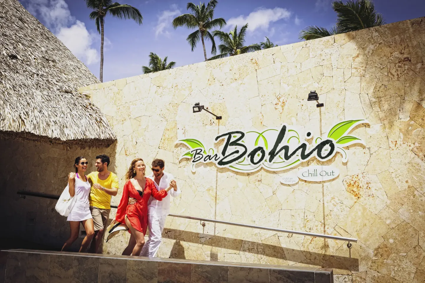 Bohío Chill Out Bar sign on a stone wall at Barceló Bávaro Beach.