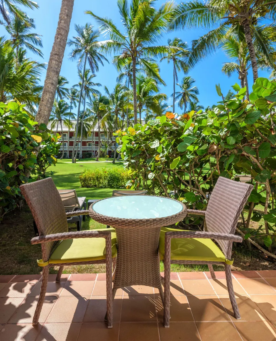 Superior Room patio seating with garden palms at Barceló Bávaro Beach.