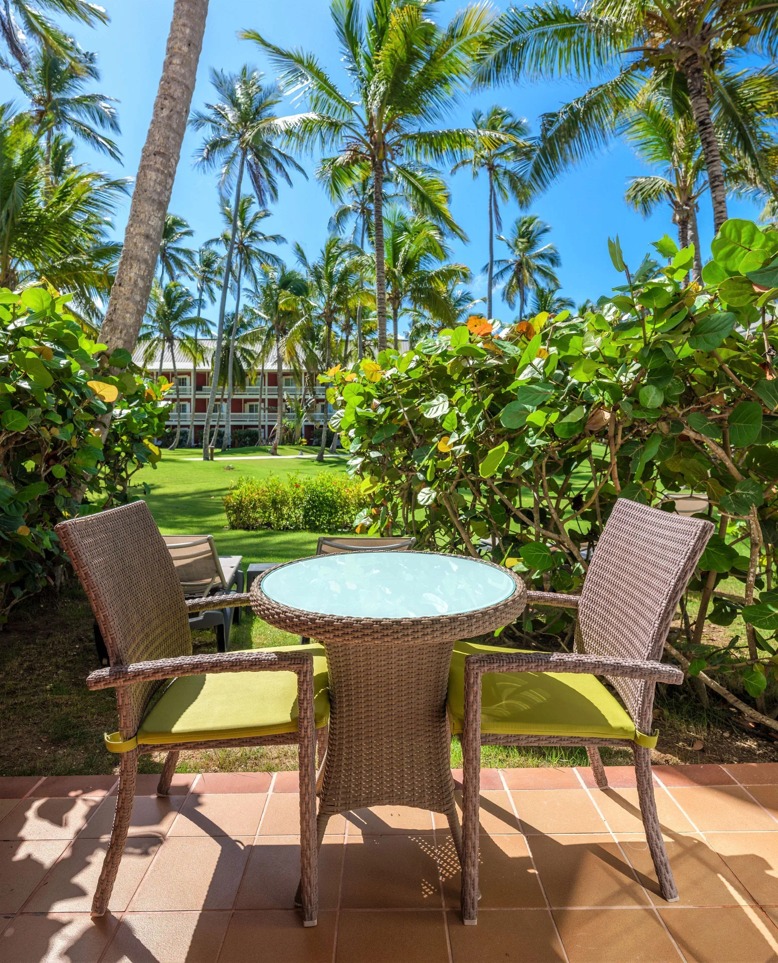 Superior Room patio seating with garden palms at Barceló Bávaro Beach.