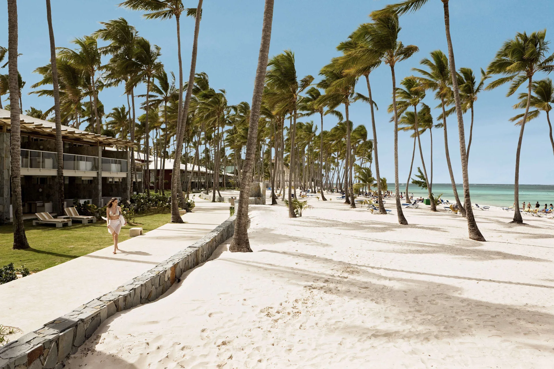 Palm-lined beachfront walkway and white sand at Barceló Bávaro Palace.