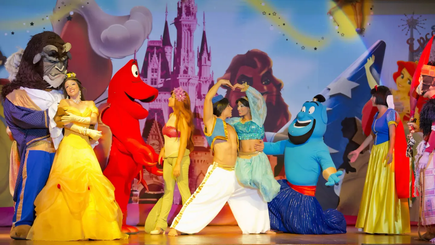 Costumed stage performers pose in a fairy-tale show at Barceló Huatulco.