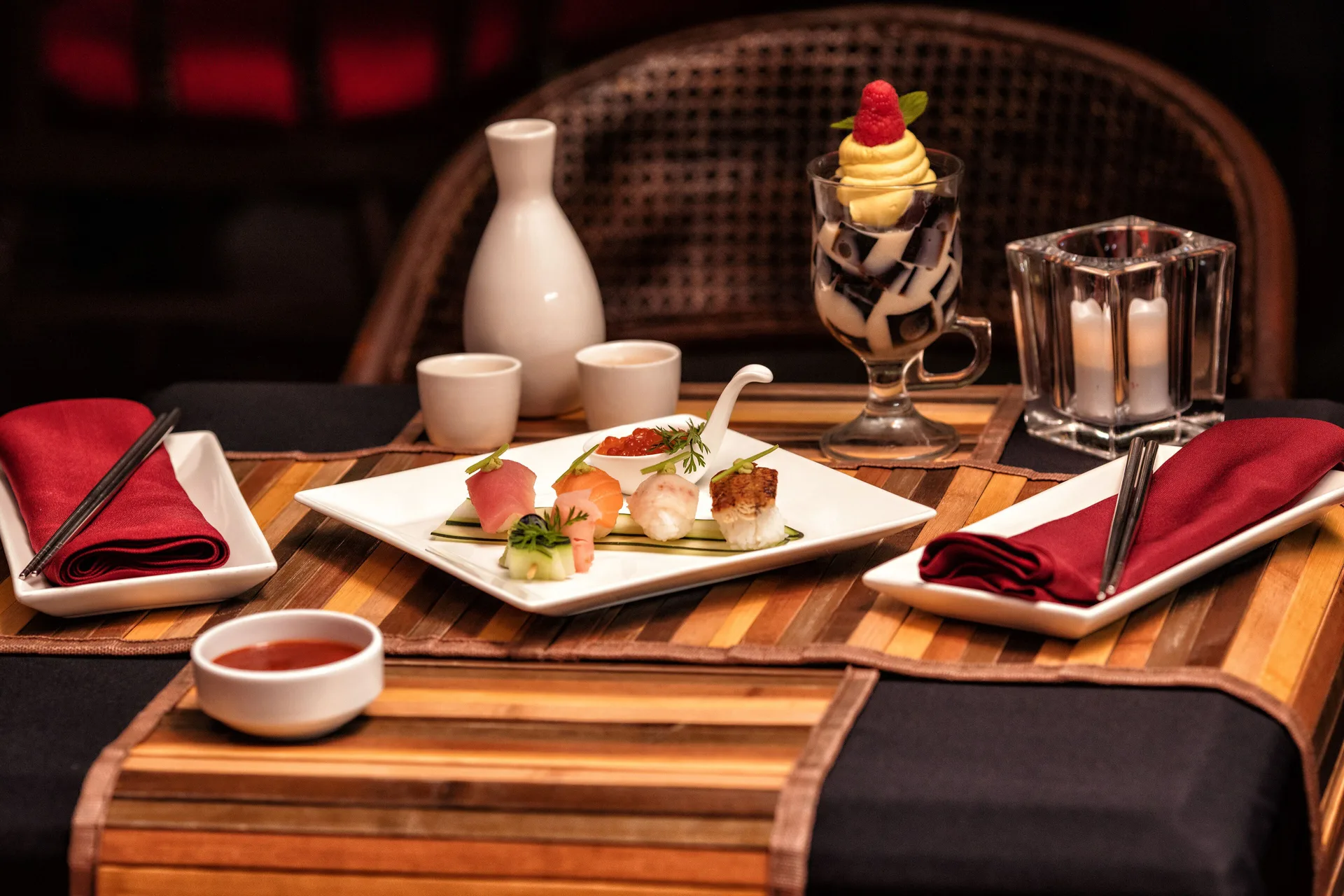 Sushi, dessert, sake service and place settings at Barceló Huatulco.