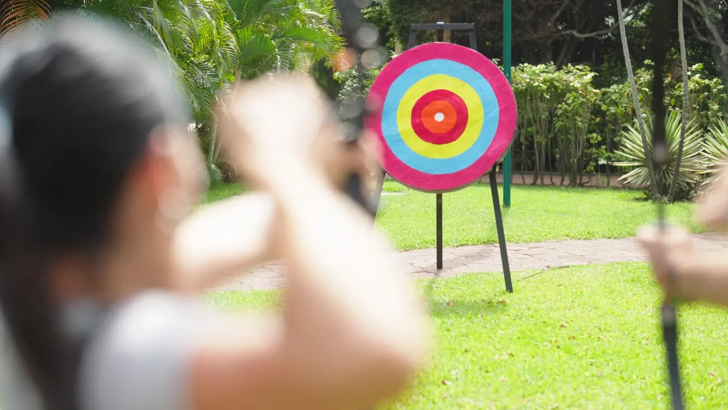 A colorful archery target stands on the lawn during an activity at Barceló Ixtapa.
