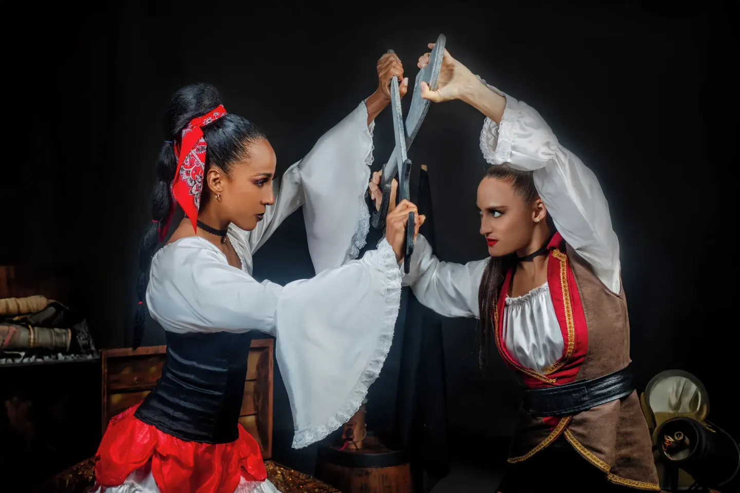Two costumed performers cross prop swords in a pirate-style show at Barceló Ixtapa.