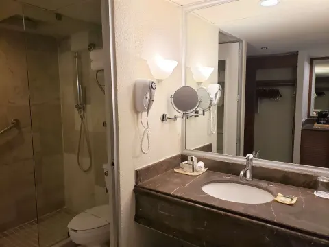 Family Villa bathroom at Barceló Ixtapa with sink vanity, mirror, hair dryer, and glass shower.