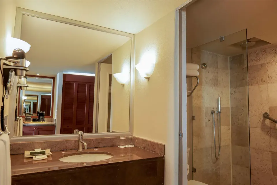 Superior Room Sea View bathroom with vanity, mirror and glass shower at Barceló Ixtapa.