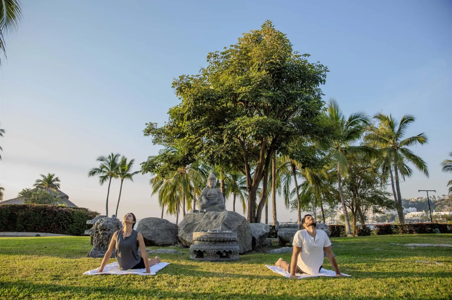 Two guests practice yoga on a lawn with palms and a statue at Barceló Karmina.