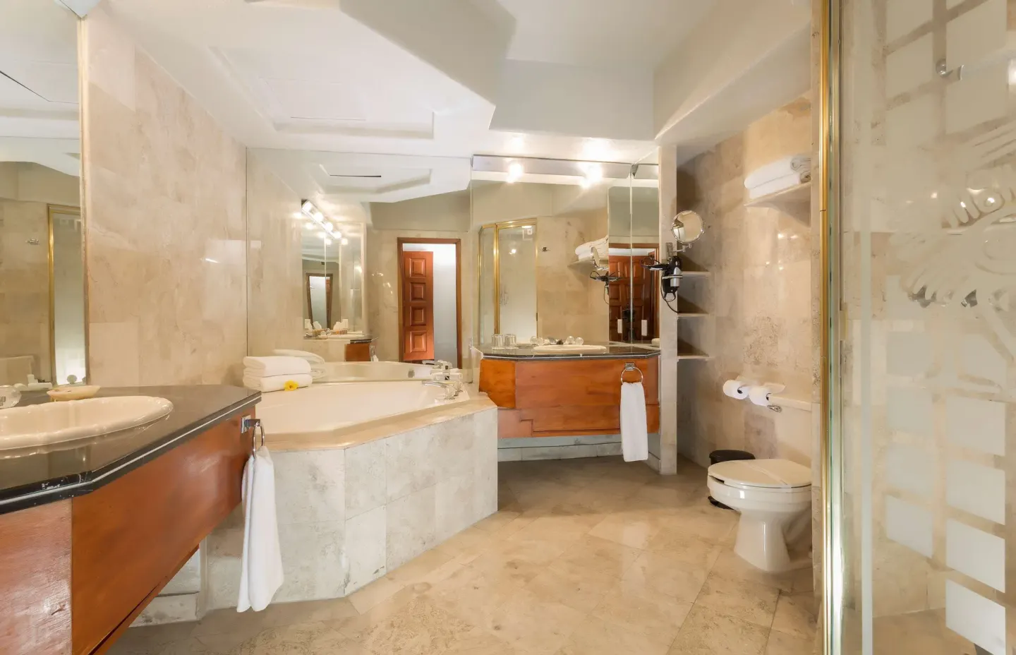 Marble bathroom with tub, vanity, toilet and glass shower at Barceló Karmina.