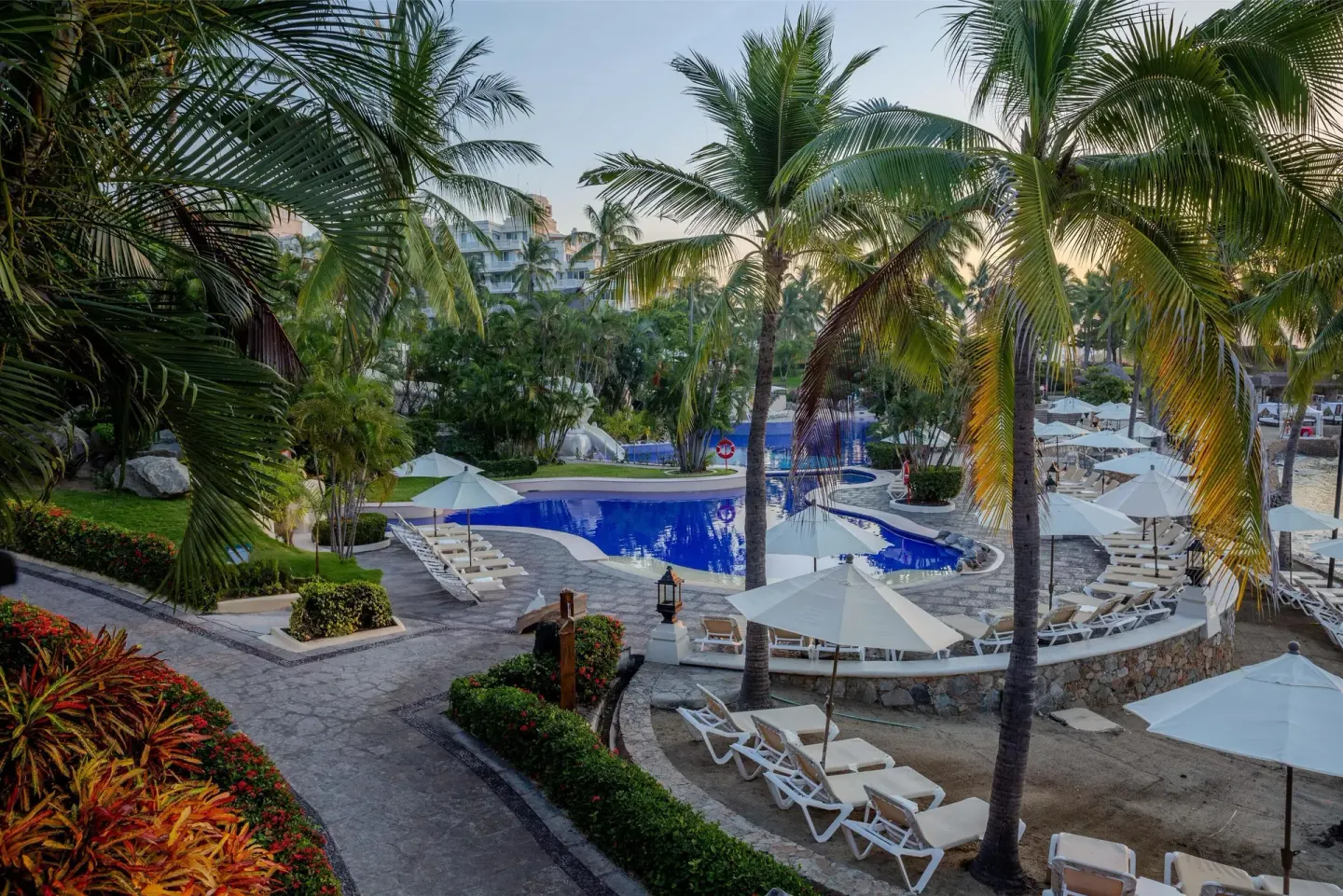 Pool deck with loungers, umbrellas and palms at Barceló Karmina.