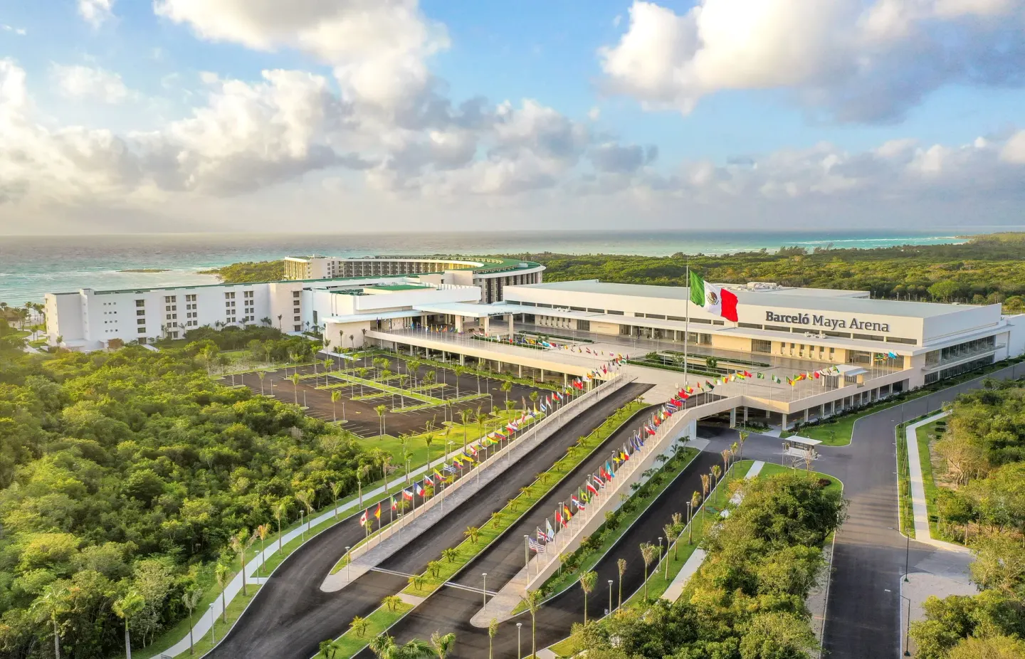 Aerial view of the entrance complex and coastline at Barceló Maya Riviera.