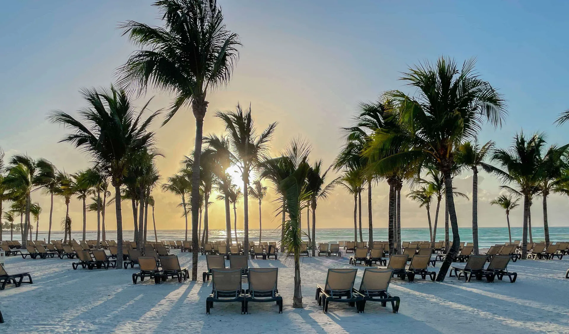 Palm-lined beach with lounge chairs at sunset at Barceló Maya Riviera.