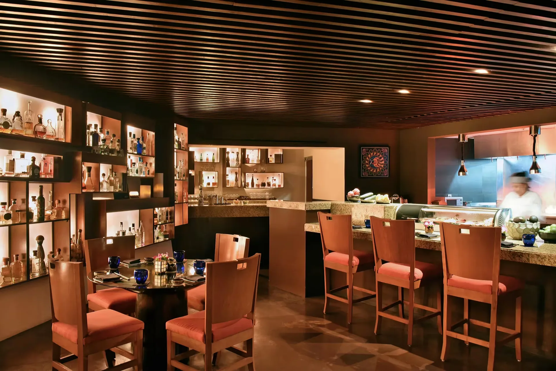 Dining room of Agave Azul, a sushi and seafood restaurant in Playa del Carmen.