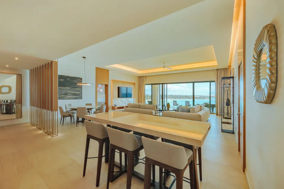 Presidential Suite oceanfront living and dining area at Barceló Maya Riviera.