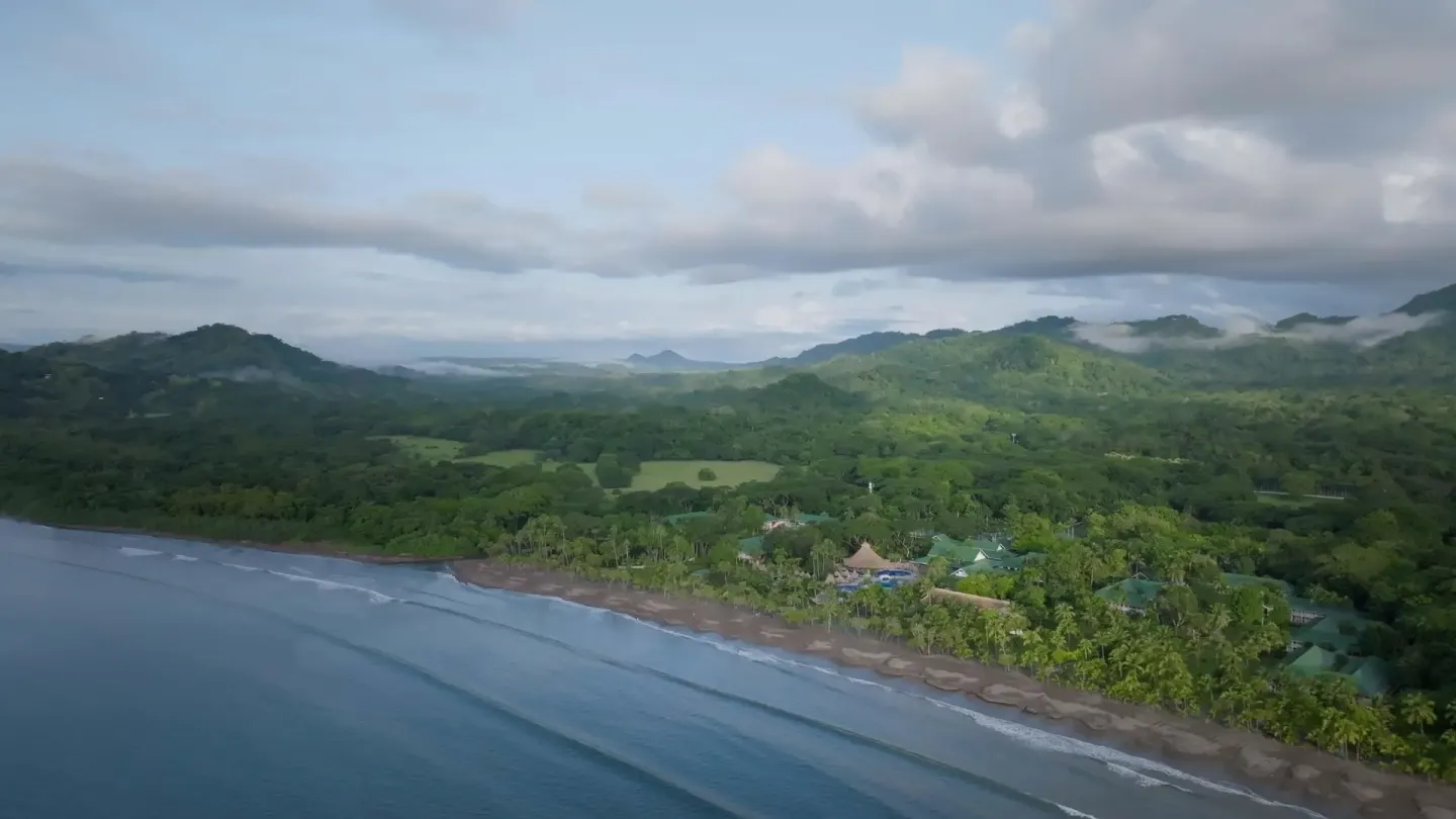 Aerial view of the beach, resort grounds, and green hills at Barceló Tambor.