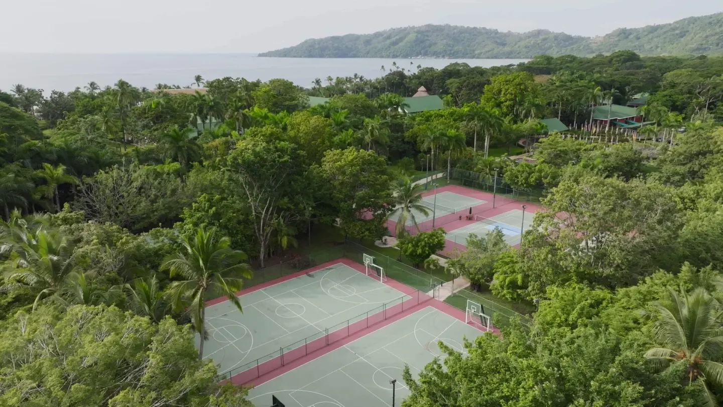 Aerial view of sports courts, trees, bay, and hills at Barceló Tambor.