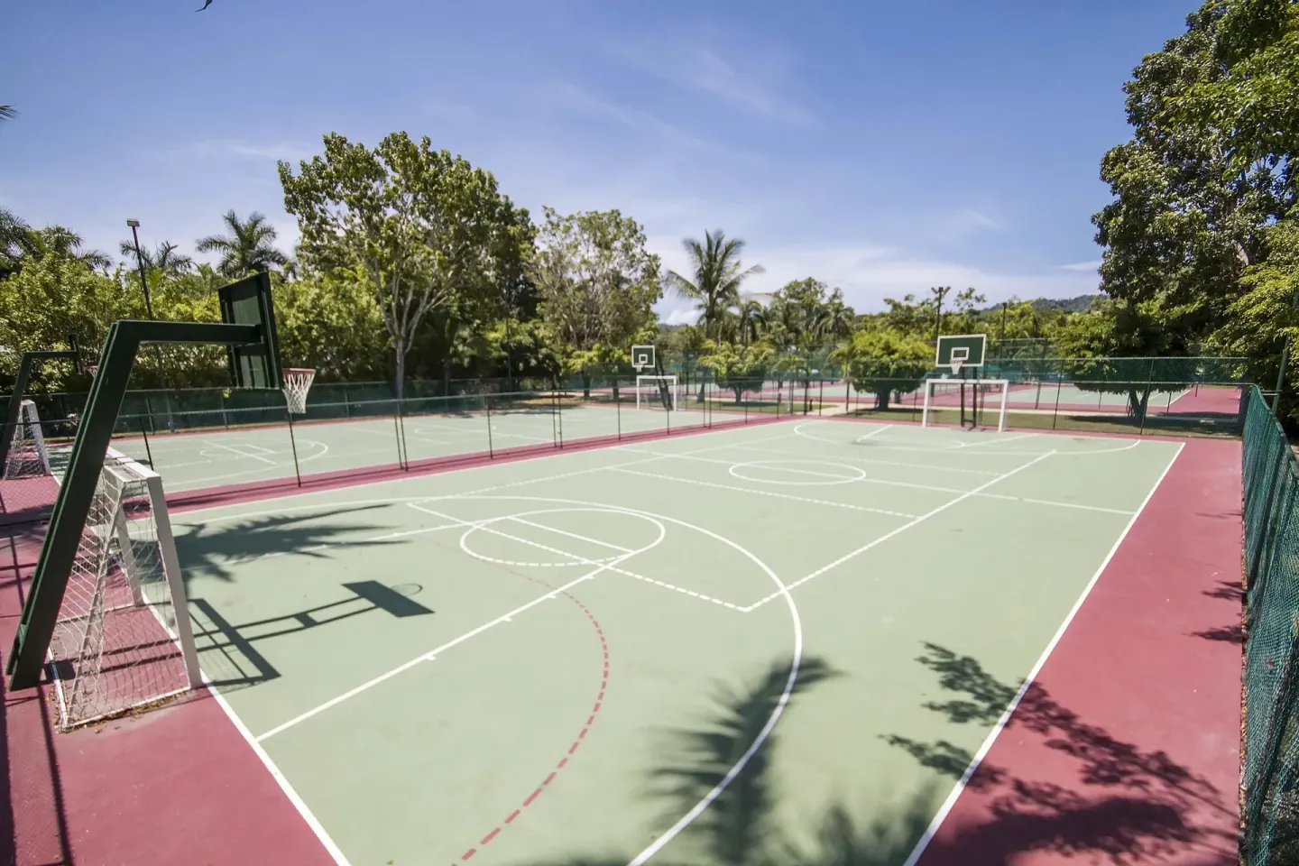 Basketball court with hoops, fencing, and tropical trees at Barceló Tambor.