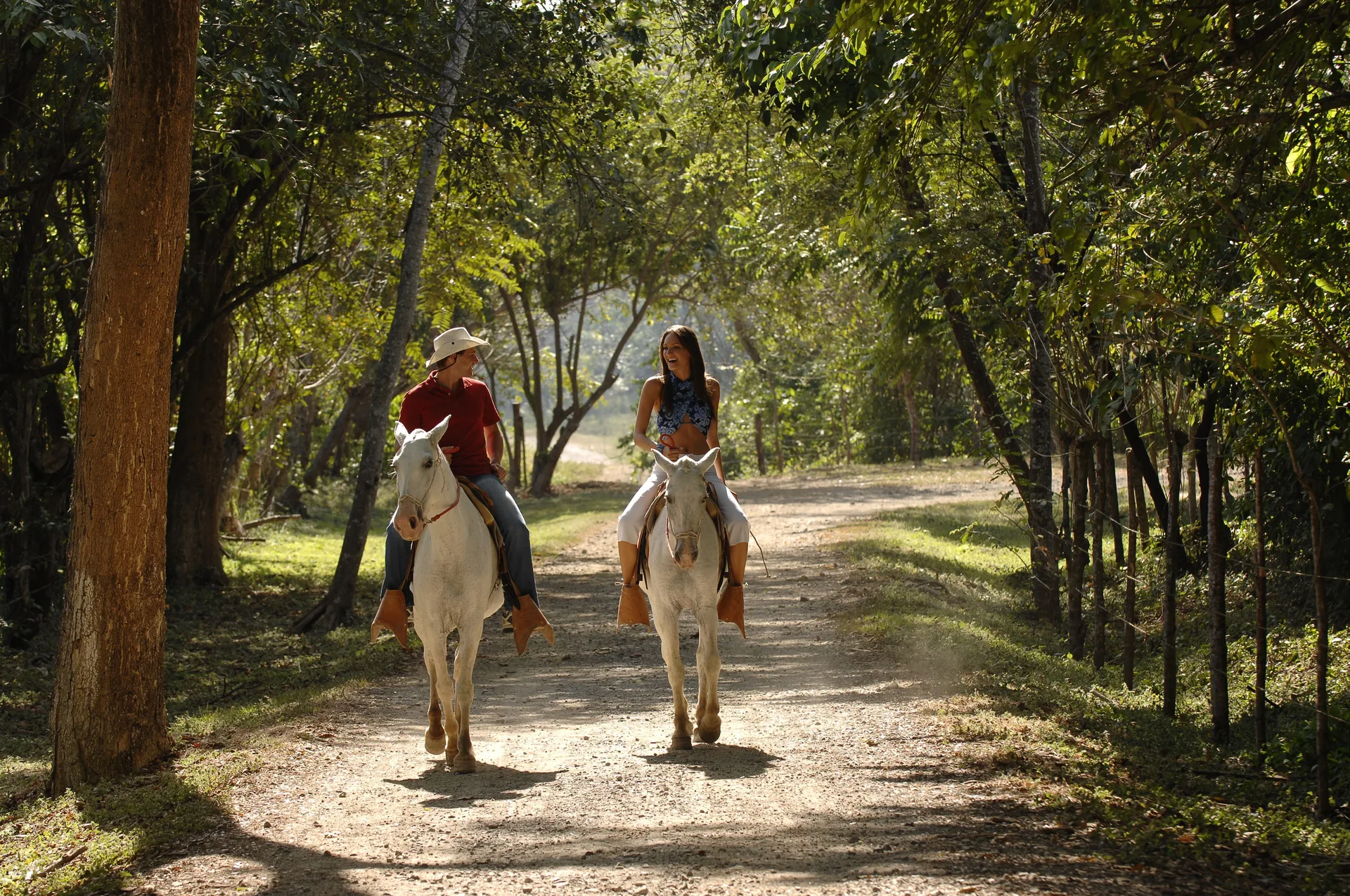 Two guests ride white horses along a shaded dirt trail near Barceló Tambor.