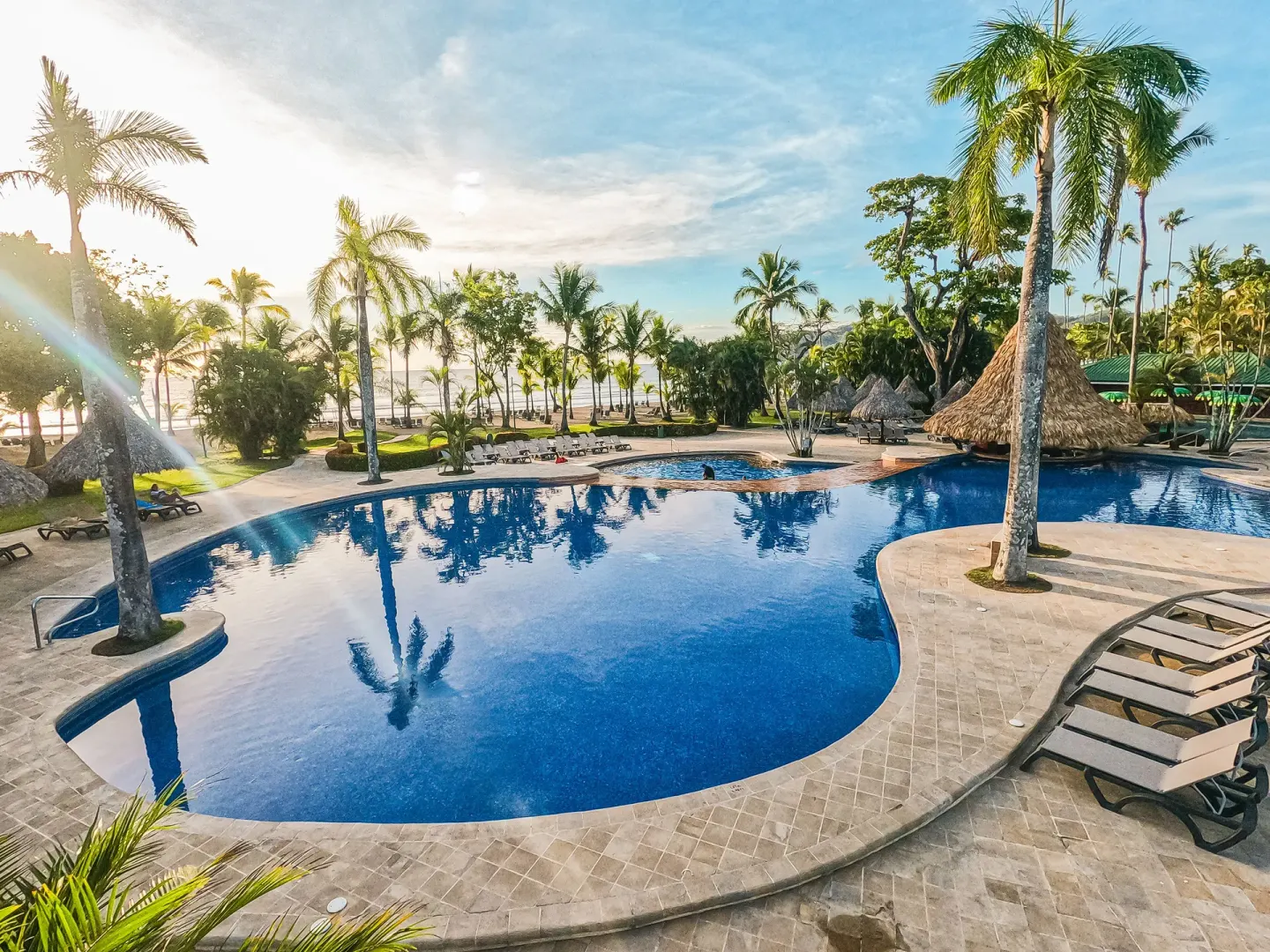 Curved outdoor pool with palms, loungers, and thatched shade at Barceló Tambor.