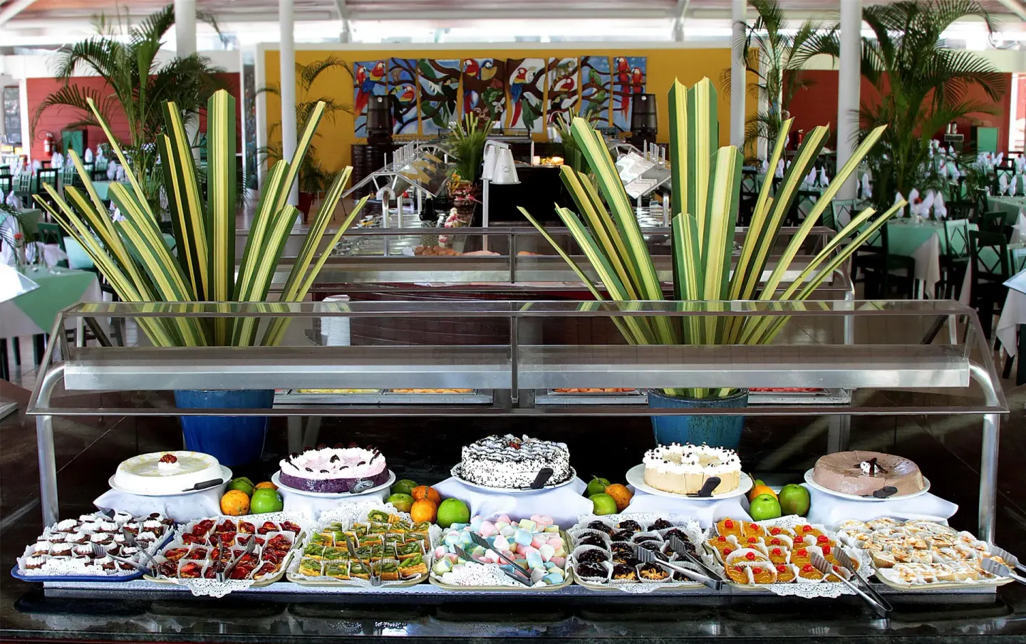 Dessert buffet with cakes, pastries, and fruit in a dining room at Barceló Tambor.