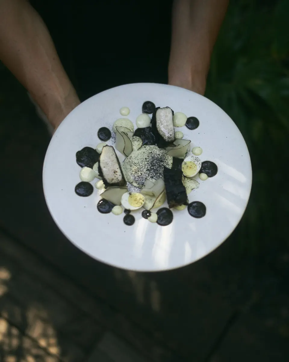 Artful plated dessert held aloft at BE Destination Tulum