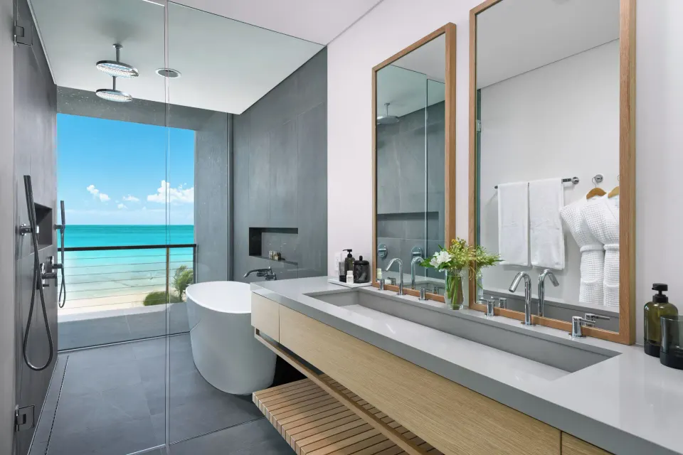 Long Bay 2 Bedroom Beach Enclave bathroom with tub and ocean view at Beach Enclave.