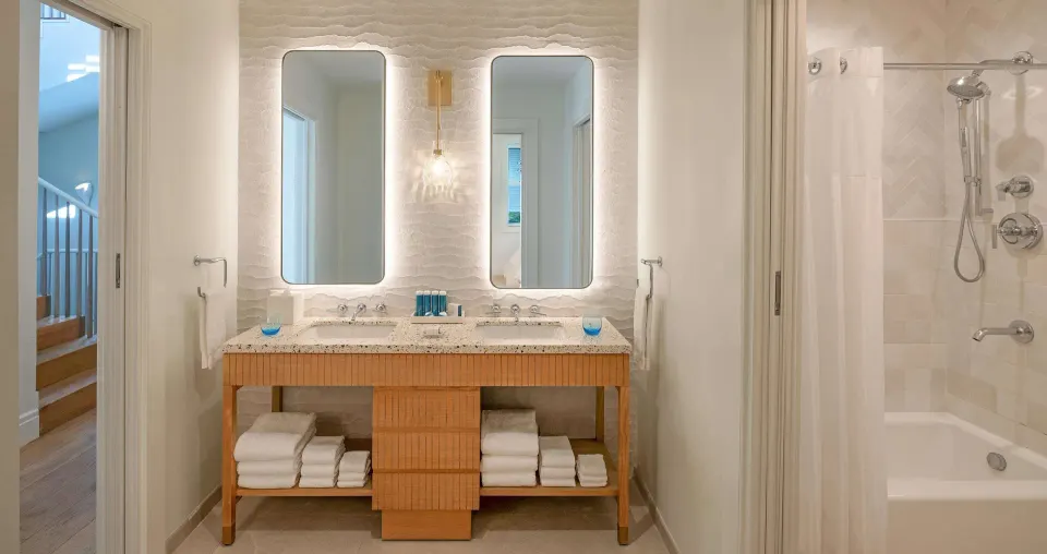 Double vanity and bathtub in the Firesky Reserve Villa suite at Beaches Negril Resort.