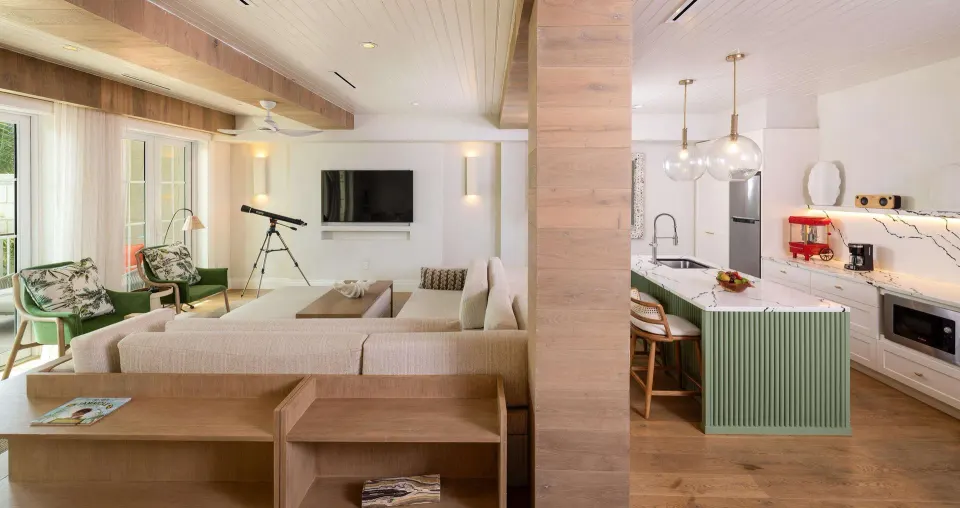 Kitchen island and lounge seating in Firesky Reserve Villa at Beaches Negril Resort.
