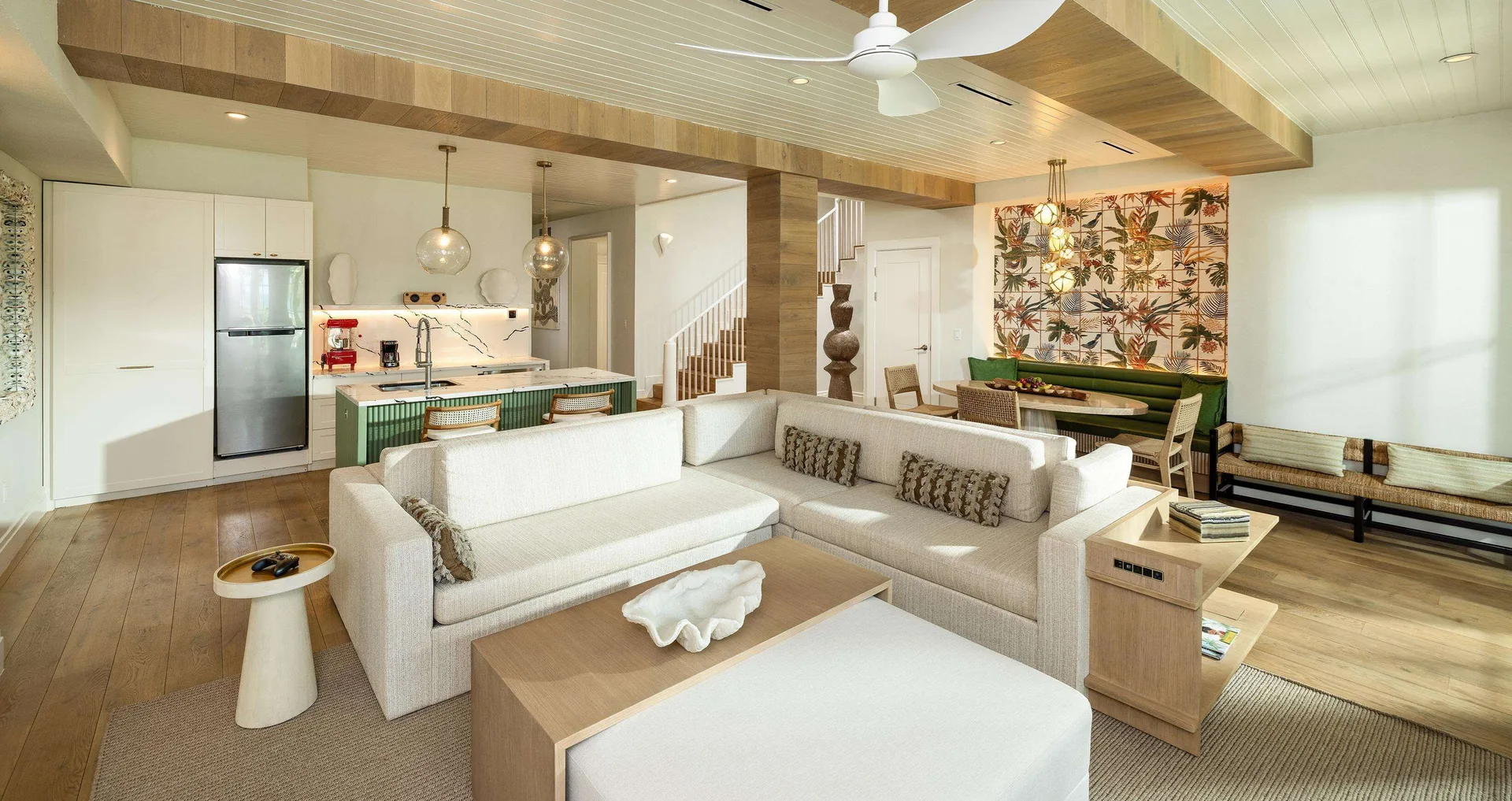 Open living, dining, and kitchen area in Firesky Reserve Villa at Beaches Negril Resort.