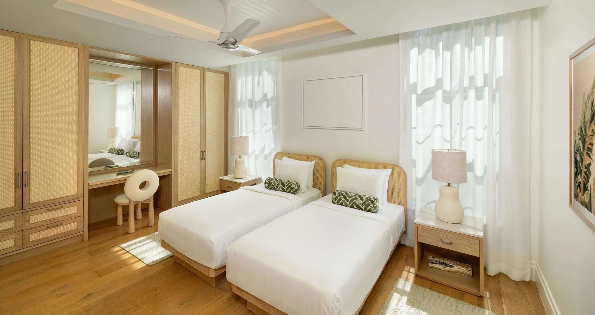 Twin bedroom with built-in wardrobes in Firesky Reserve Villa at Beaches Negril Resort.