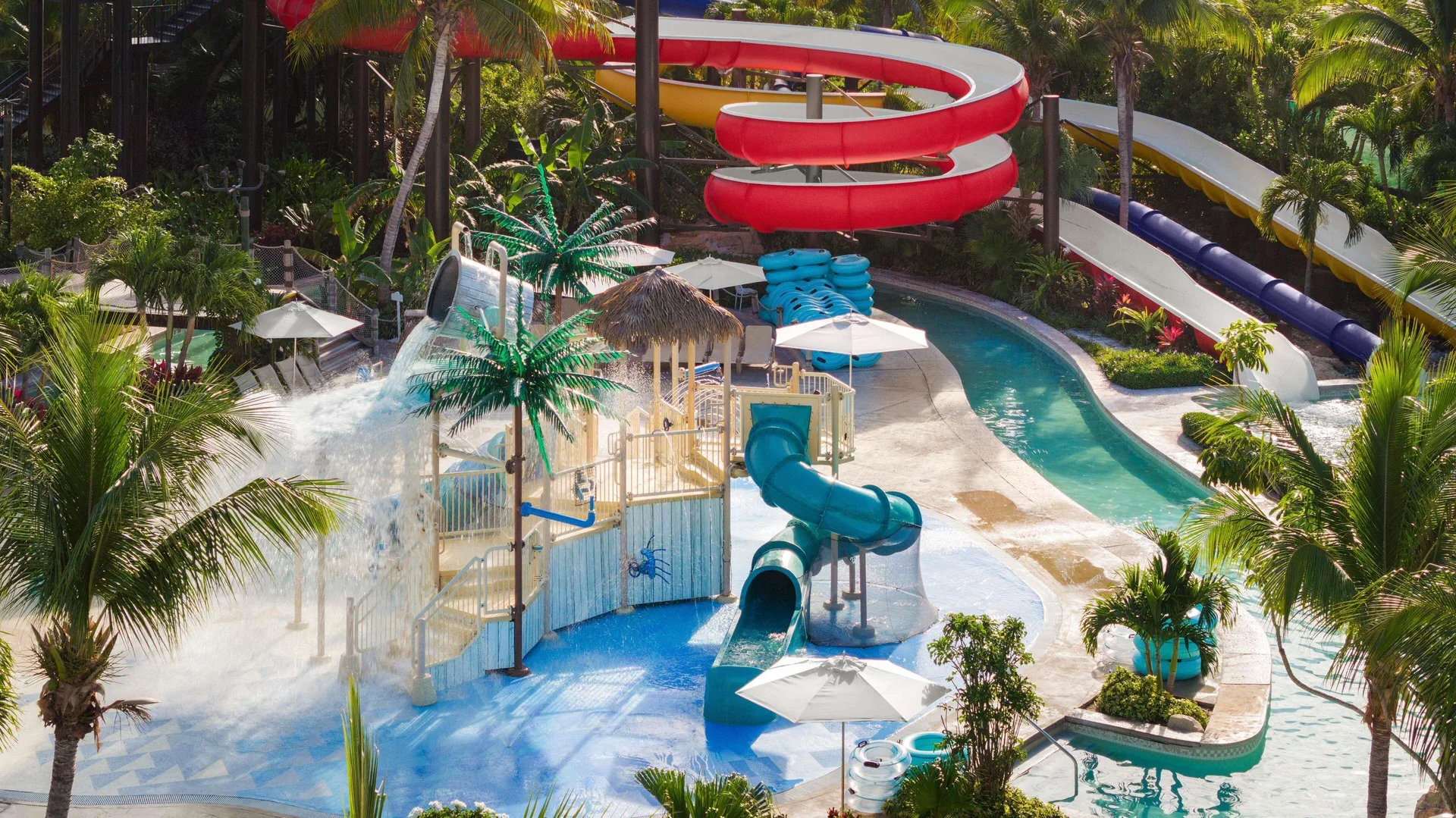 Aerial view of splash pad, lazy river, and waterslides at Beaches Turks & Caicos.