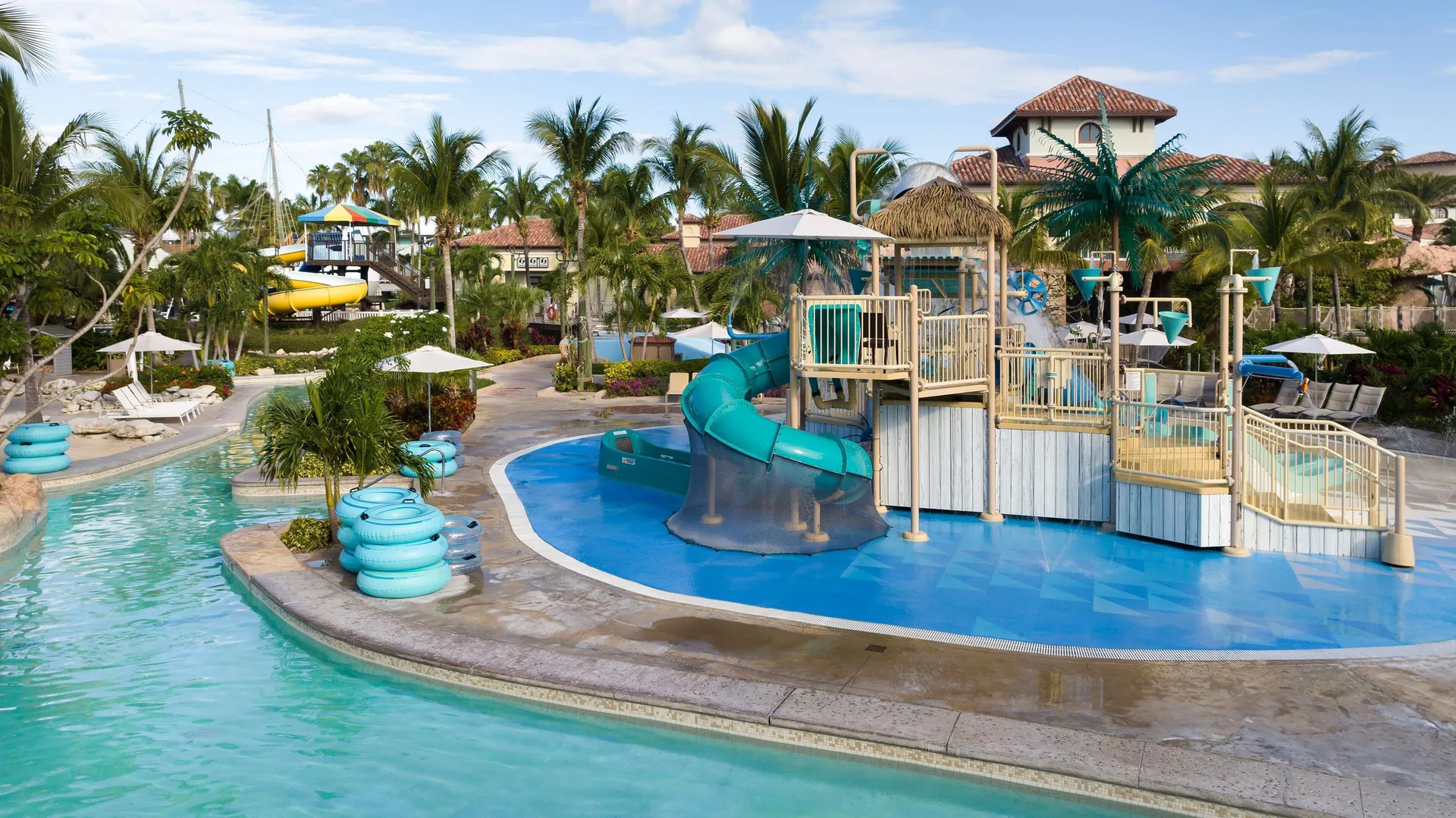 Lazy river and splash play structure with slides at Beaches Turks & Caicos.
