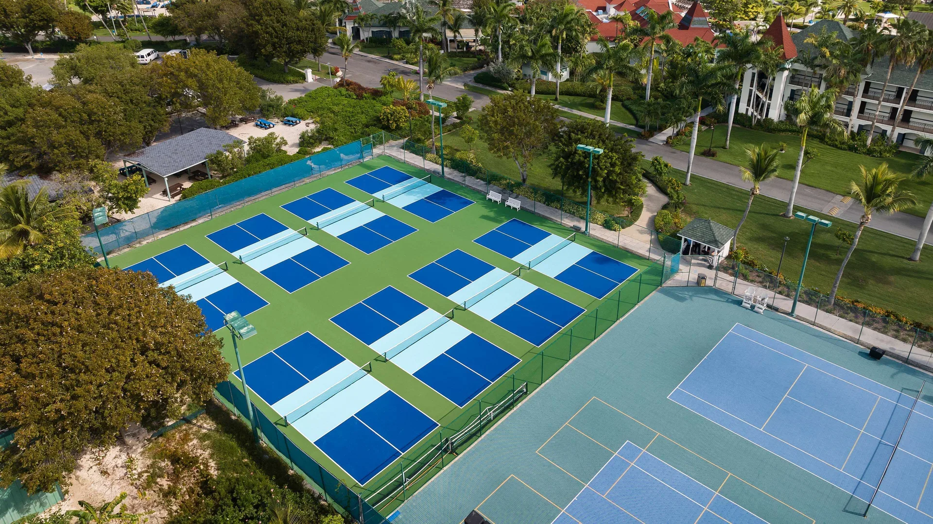 Aerial view of pickleball and tennis courts at Beaches Turks & Caicos.