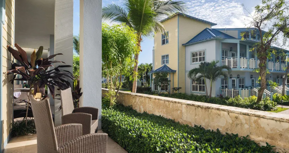 Furnished patio with garden and building views at Beaches Turks & Caicos.