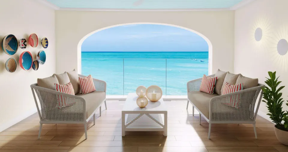 Covered balcony lounge with ocean view at Beaches Turks & Caicos.