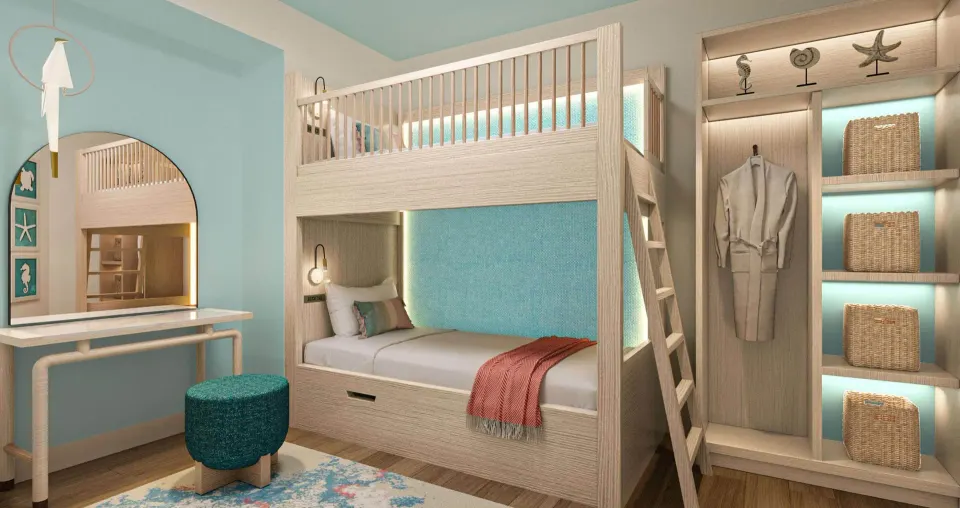 Bunk bed alcove with shelves and vanity in a suite at Beaches Turks & Caicos.