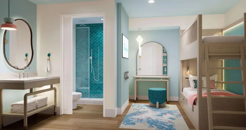 Suite bunk area and bathroom vanity at Beaches Turks & Caicos.