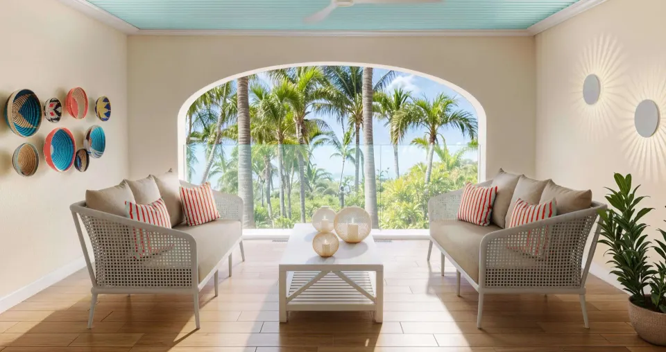 Covered terrace lounge with palm views at Beaches Turks & Caicos.