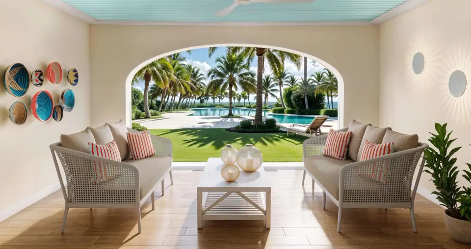 Covered walkout patio with sofas facing palms and pool at Beaches Turks & Caicos.