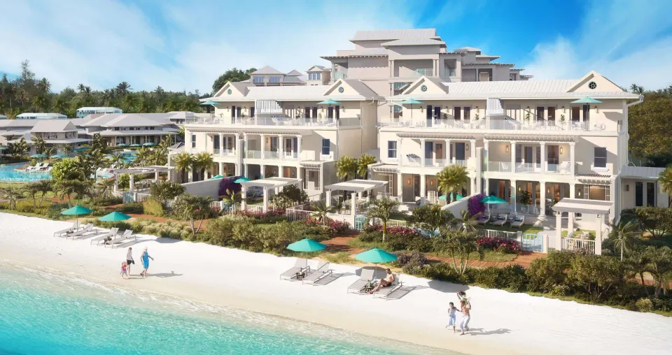 Beachfront villa building and white-sand shoreline at Beaches Turks & Caicos.