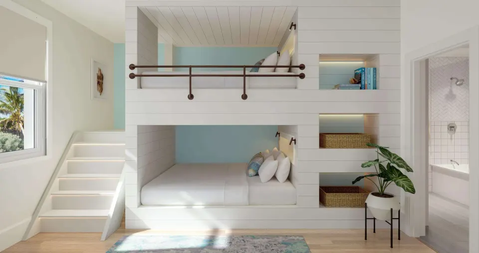 Villa bunk room with built-in beds and adjoining bathroom at Beaches Turks & Caicos.