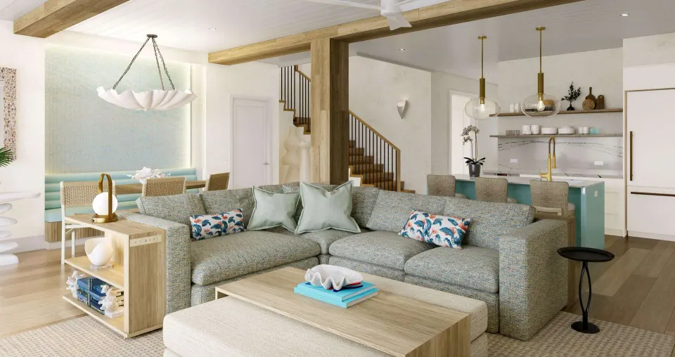 Villa living room with sectional sofa and kitchen at Beaches Turks & Caicos.