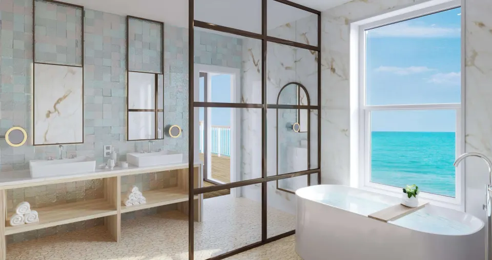 Ocean-view villa bathroom with soaking tub at Beaches Turks & Caicos.