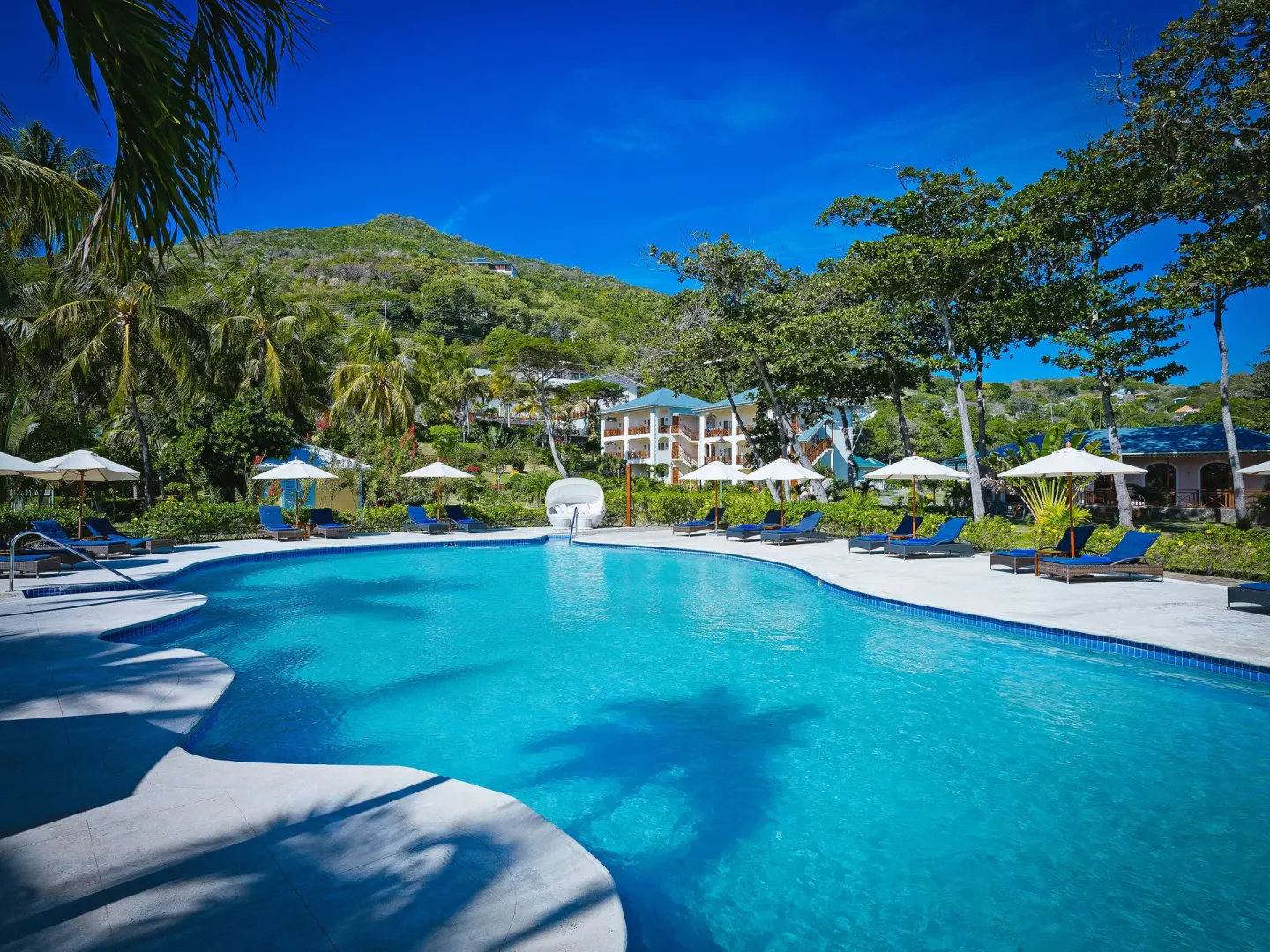 Curved pool with loungers, umbrellas and hillside greenery at Bequia Beach Hotel.